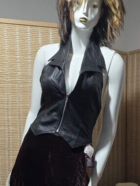 Black Leather Zip-Front Women's Vest Jacket